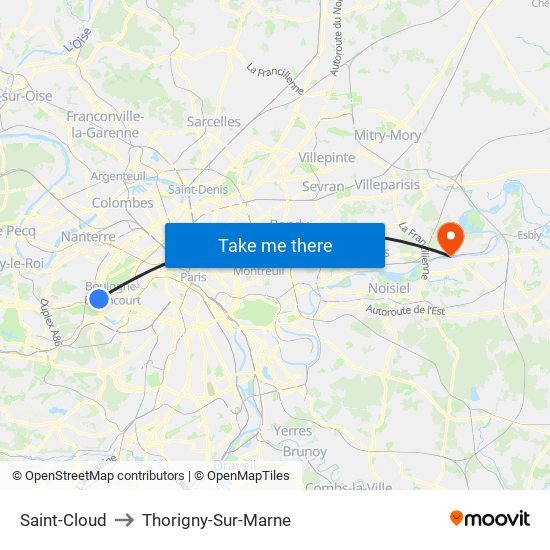 Saint-Cloud to Thorigny-Sur-Marne map