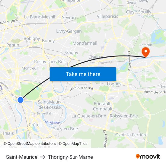 Saint-Maurice to Thorigny-Sur-Marne map