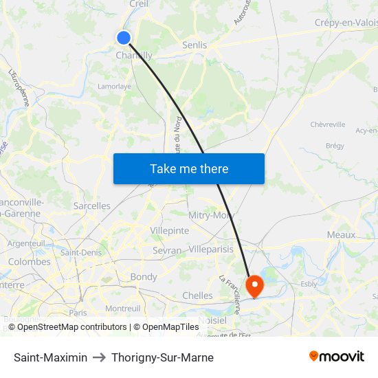 Saint-Maximin to Thorigny-Sur-Marne map