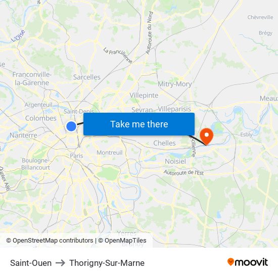 Saint-Ouen to Thorigny-Sur-Marne map