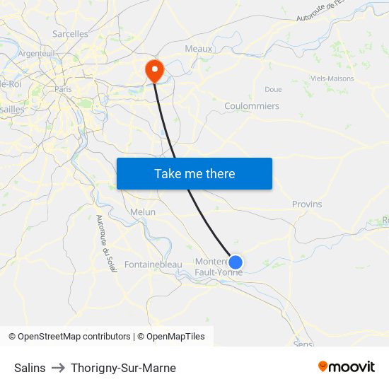 Salins to Thorigny-Sur-Marne map