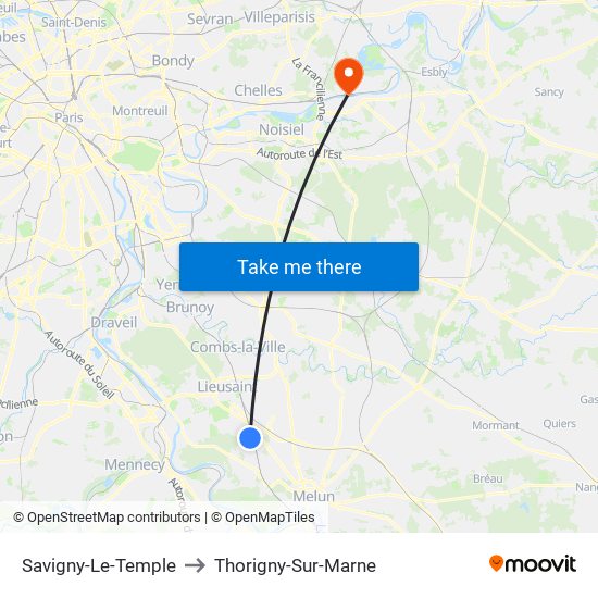 Savigny-Le-Temple to Thorigny-Sur-Marne map