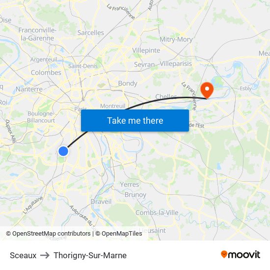 Sceaux to Thorigny-Sur-Marne map