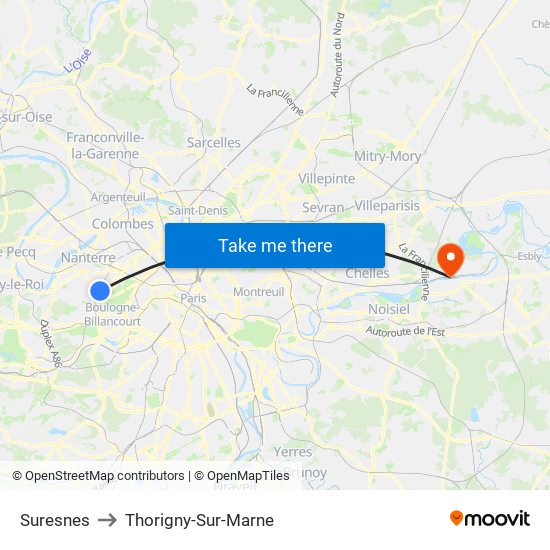 Suresnes to Thorigny-Sur-Marne map