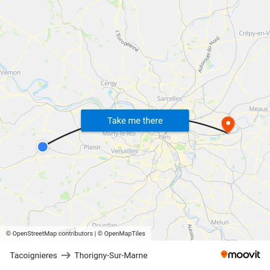 Tacoignieres to Thorigny-Sur-Marne map