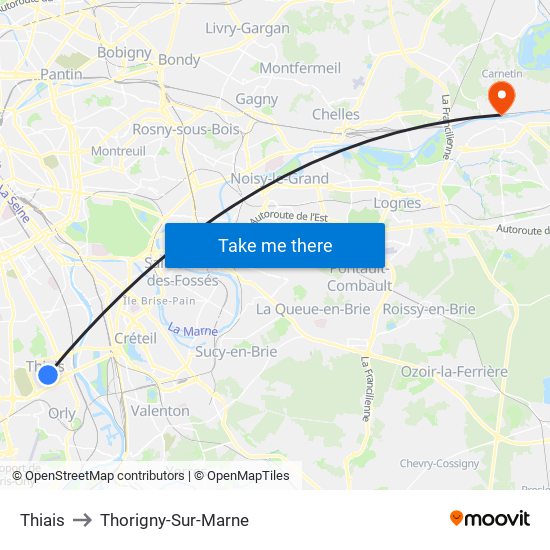Thiais to Thorigny-Sur-Marne map