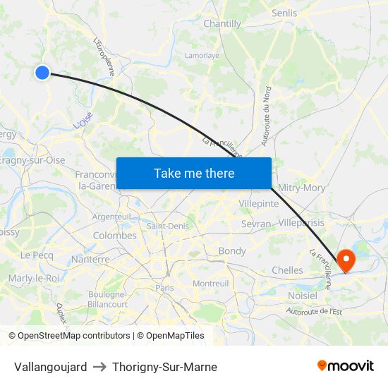 Vallangoujard to Thorigny-Sur-Marne map