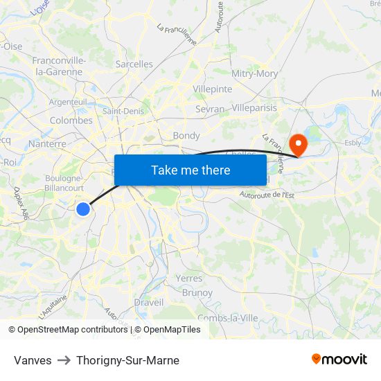 Vanves to Thorigny-Sur-Marne map