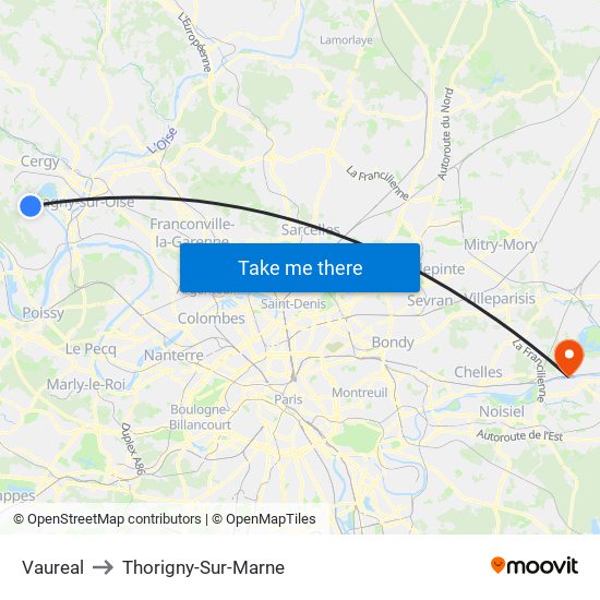 Vaureal to Thorigny-Sur-Marne map