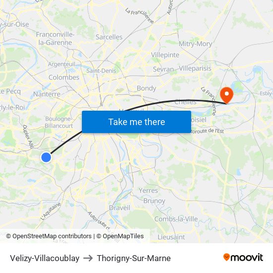 Velizy-Villacoublay to Thorigny-Sur-Marne map