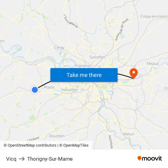 Vicq to Thorigny-Sur-Marne map