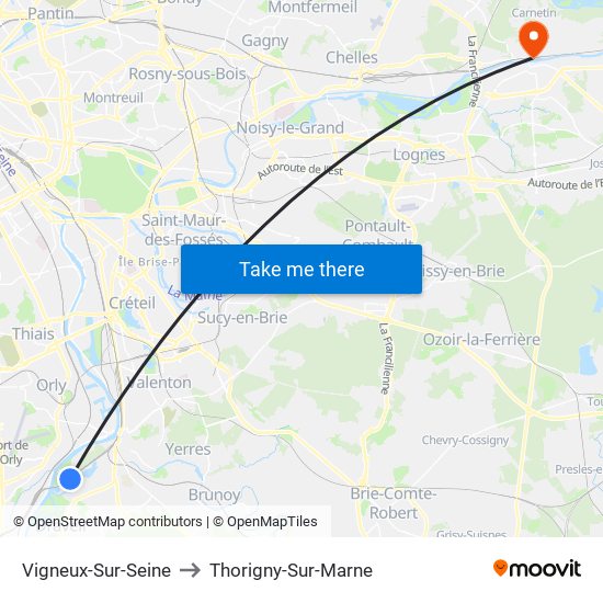 Vigneux-Sur-Seine to Thorigny-Sur-Marne map