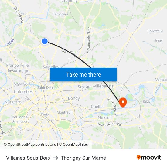 Villaines-Sous-Bois to Thorigny-Sur-Marne map