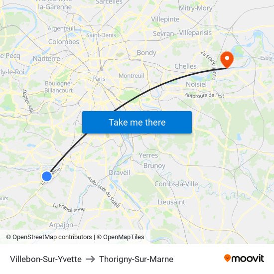 Villebon-Sur-Yvette to Thorigny-Sur-Marne map