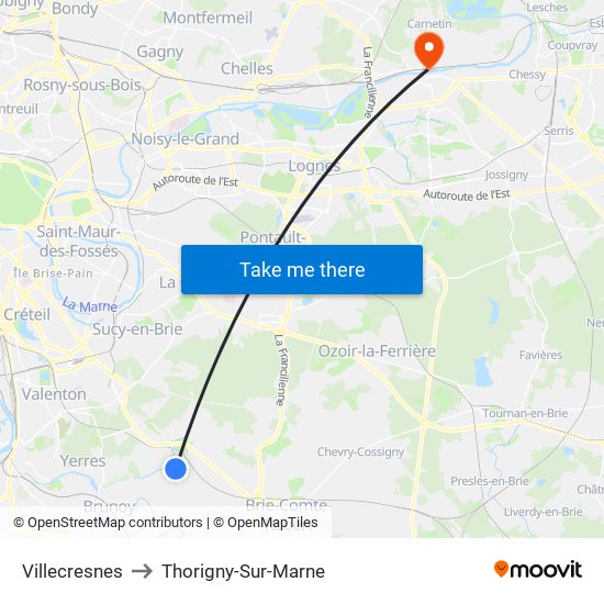 Villecresnes to Thorigny-Sur-Marne map