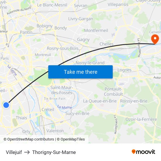 Villejuif to Thorigny-Sur-Marne map