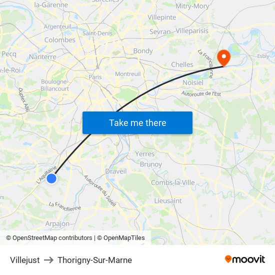 Villejust to Thorigny-Sur-Marne map