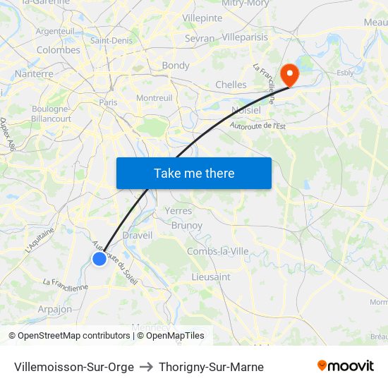 Villemoisson-Sur-Orge to Thorigny-Sur-Marne map