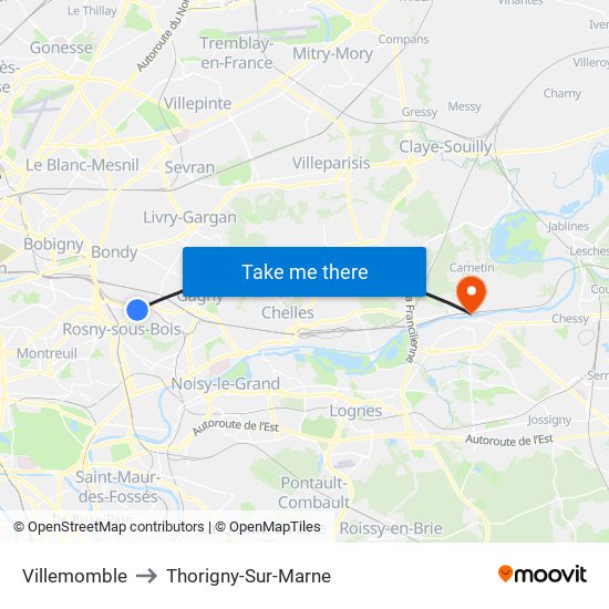 Villemomble to Thorigny-Sur-Marne map