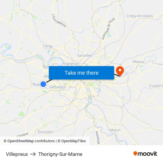 Villepreux to Thorigny-Sur-Marne map