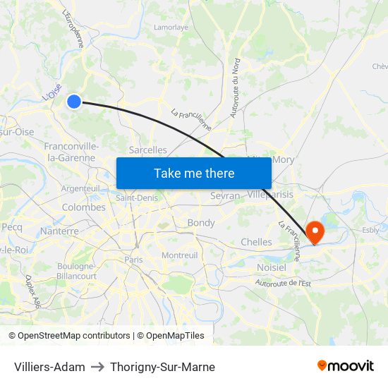 Villiers-Adam to Thorigny-Sur-Marne map