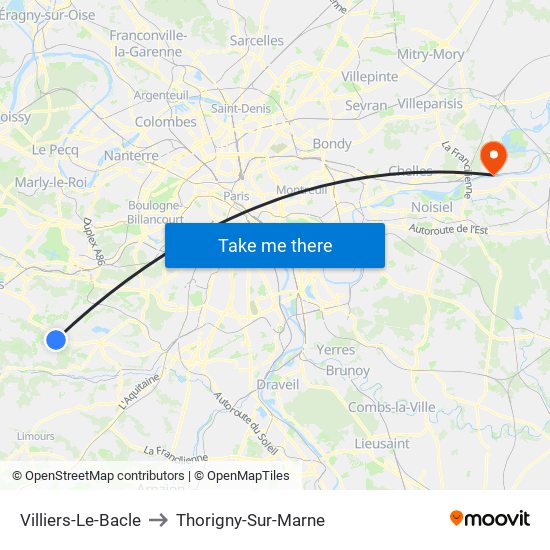 Villiers-Le-Bacle to Thorigny-Sur-Marne map