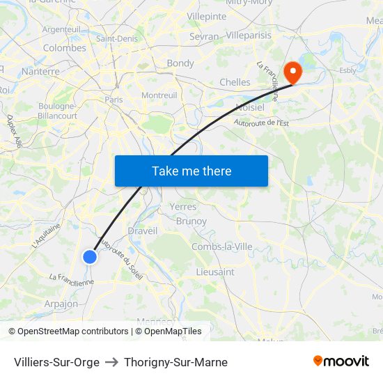Villiers-Sur-Orge to Thorigny-Sur-Marne map