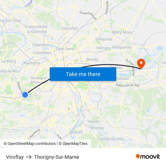 Viroflay to Thorigny-Sur-Marne map