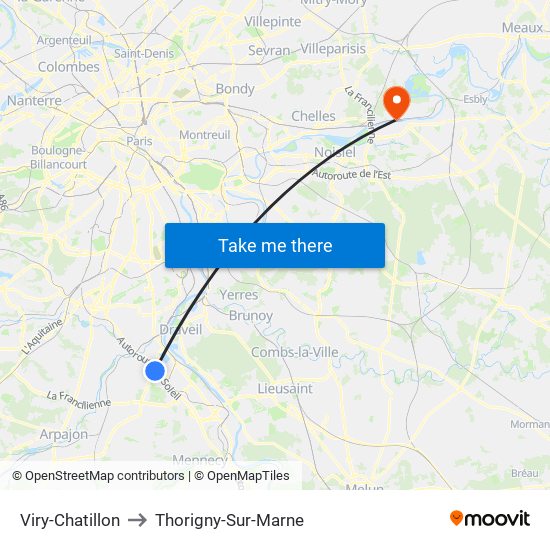 Viry-Chatillon to Thorigny-Sur-Marne map
