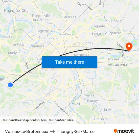 Voisins-Le-Bretonneux to Thorigny-Sur-Marne map