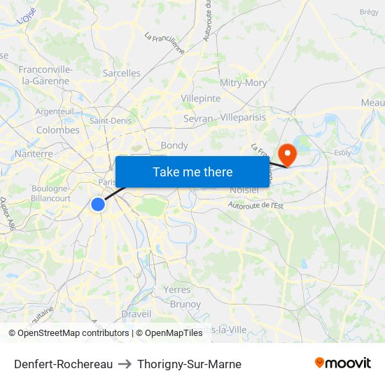 Denfert-Rochereau to Thorigny-Sur-Marne map