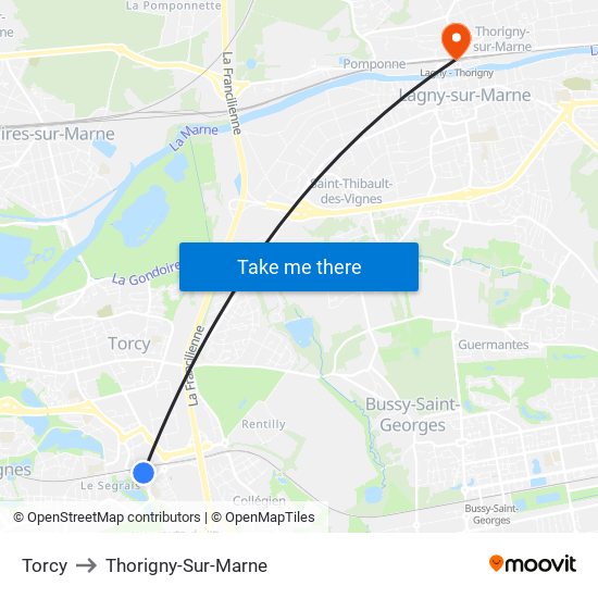 Torcy to Thorigny-Sur-Marne map