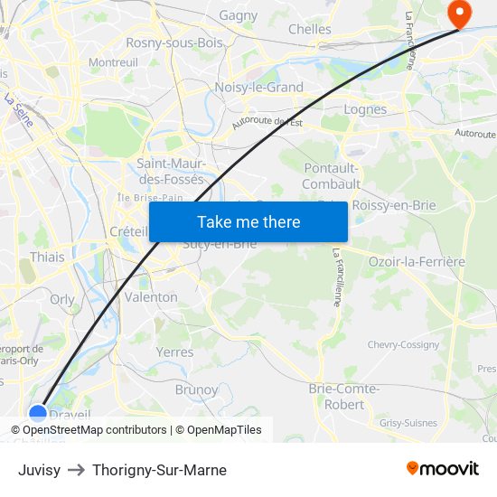 Juvisy to Thorigny-Sur-Marne map