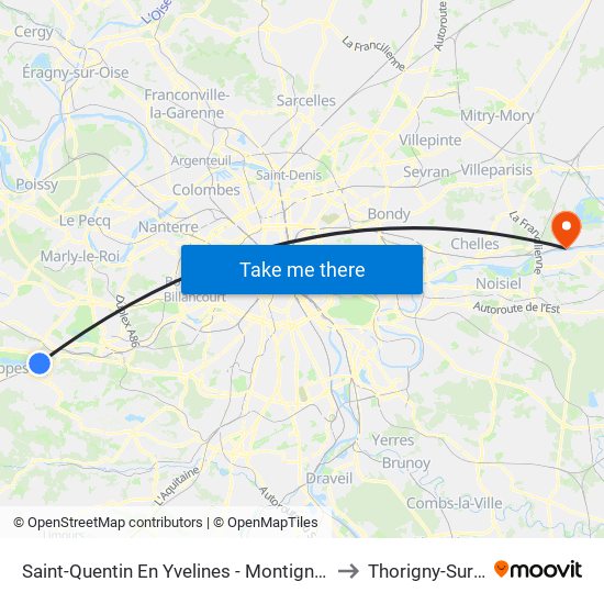 Saint-Quentin En Yvelines - Montigny-Le-Bretonneux to Thorigny-Sur-Marne map