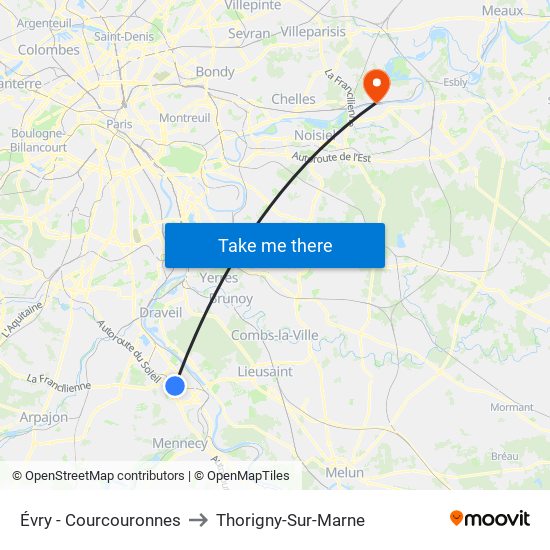 Évry - Courcouronnes to Thorigny-Sur-Marne map