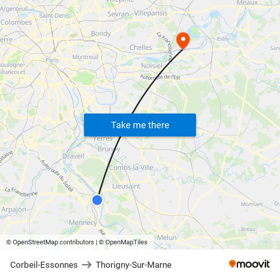 Corbeil-Essonnes to Thorigny-Sur-Marne map