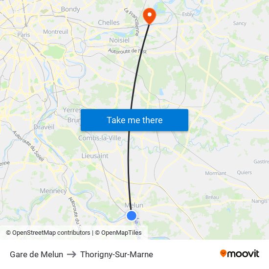 Gare de Melun to Thorigny-Sur-Marne map