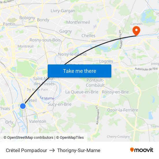 Créteil Pompadour to Thorigny-Sur-Marne map