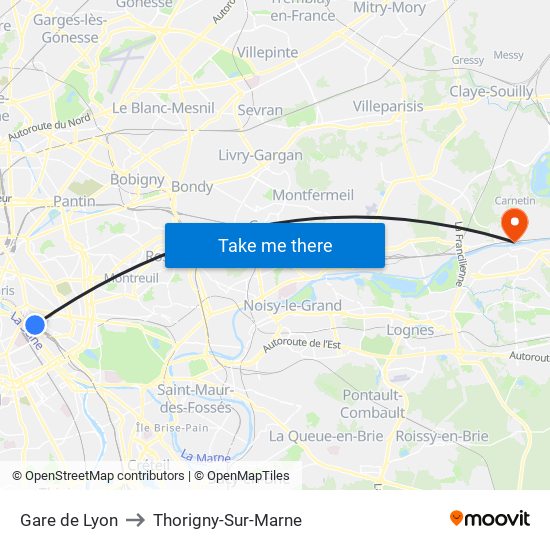 Gare de Lyon to Thorigny-Sur-Marne map