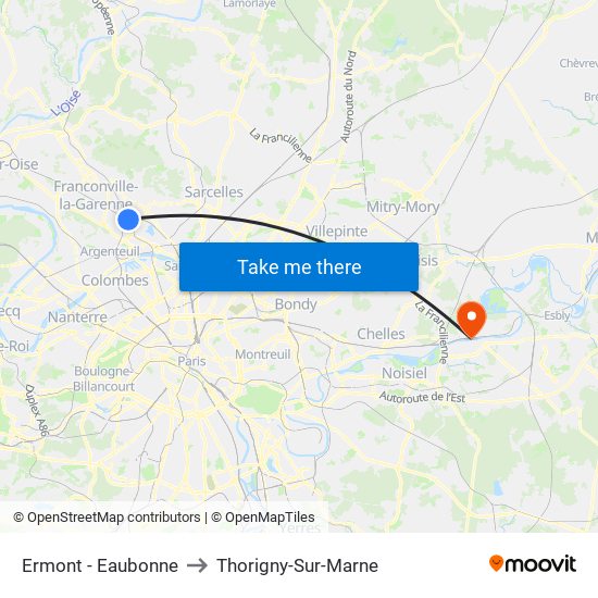 Ermont - Eaubonne to Thorigny-Sur-Marne map