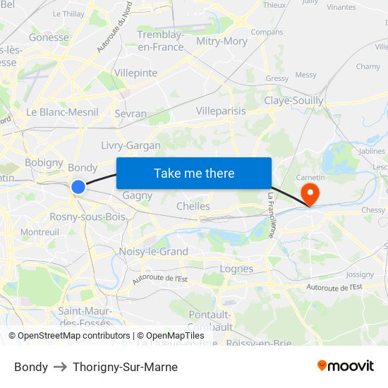 Bondy to Thorigny-Sur-Marne map