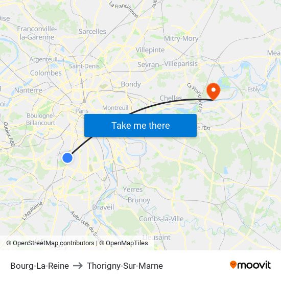 Bourg-La-Reine to Thorigny-Sur-Marne map