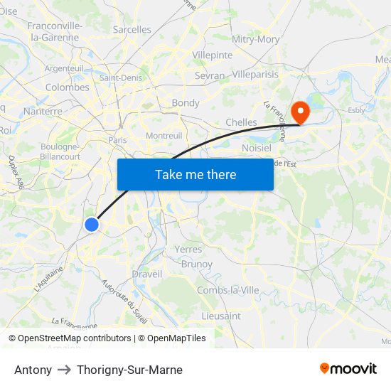 Antony to Thorigny-Sur-Marne map