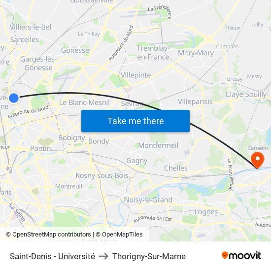 Saint-Denis - Université to Thorigny-Sur-Marne map