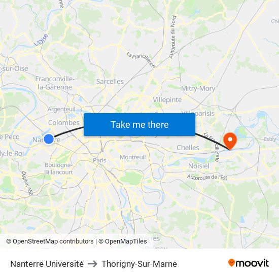 Nanterre Université to Thorigny-Sur-Marne map