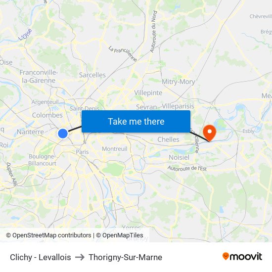 Clichy - Levallois to Thorigny-Sur-Marne map