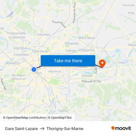 Gare Saint-Lazare to Thorigny-Sur-Marne map