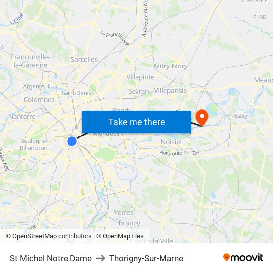 St Michel Notre Dame to Thorigny-Sur-Marne map