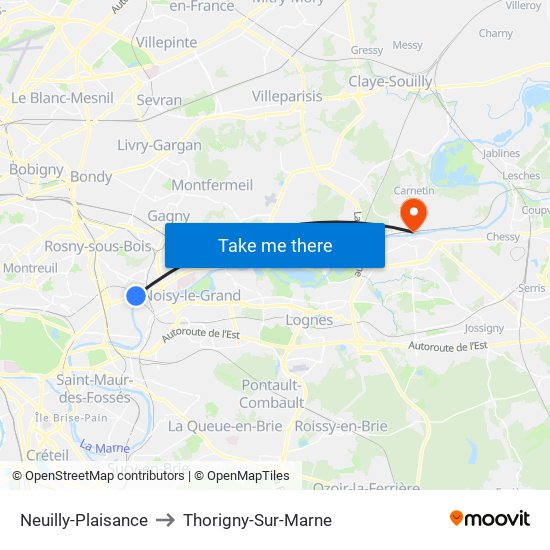 Neuilly-Plaisance to Thorigny-Sur-Marne map