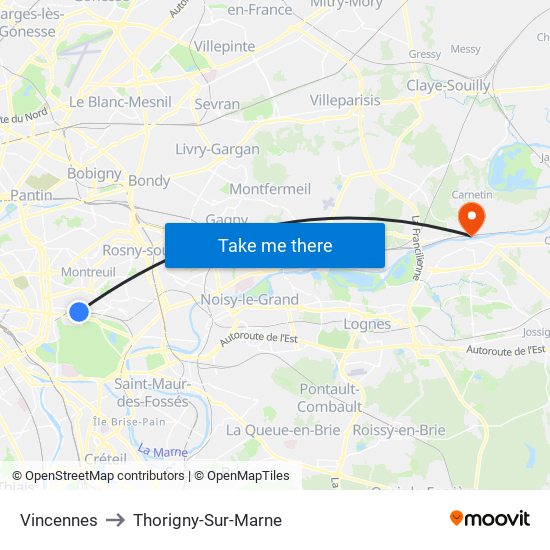 Vincennes to Thorigny-Sur-Marne map